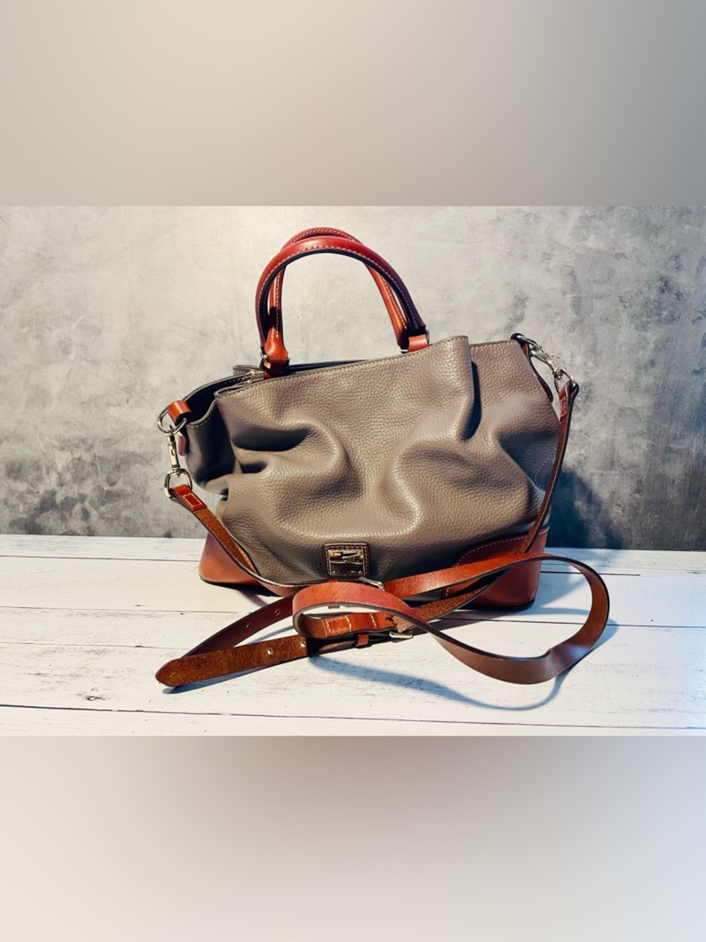 Dooney & Bourke Taupe Pebbled Leather Hobo with Brown Trim